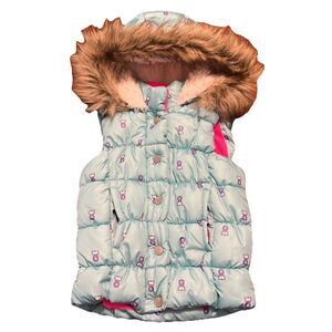 DOUBLE DEER Girls Blue Puffer Vest Full Zip Owl Print Fleece Hooded   Sz XS 4/5